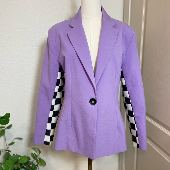 ASOS Jackets & Blazers - ASOS DESIGN x Christian Cowan Purple Blazer w/ Checkerboard Sleeves & Back